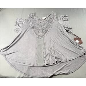 Knox Rose Womens Cold Shoulder Boho Top Crochet Lace Gray  Top Size Large
